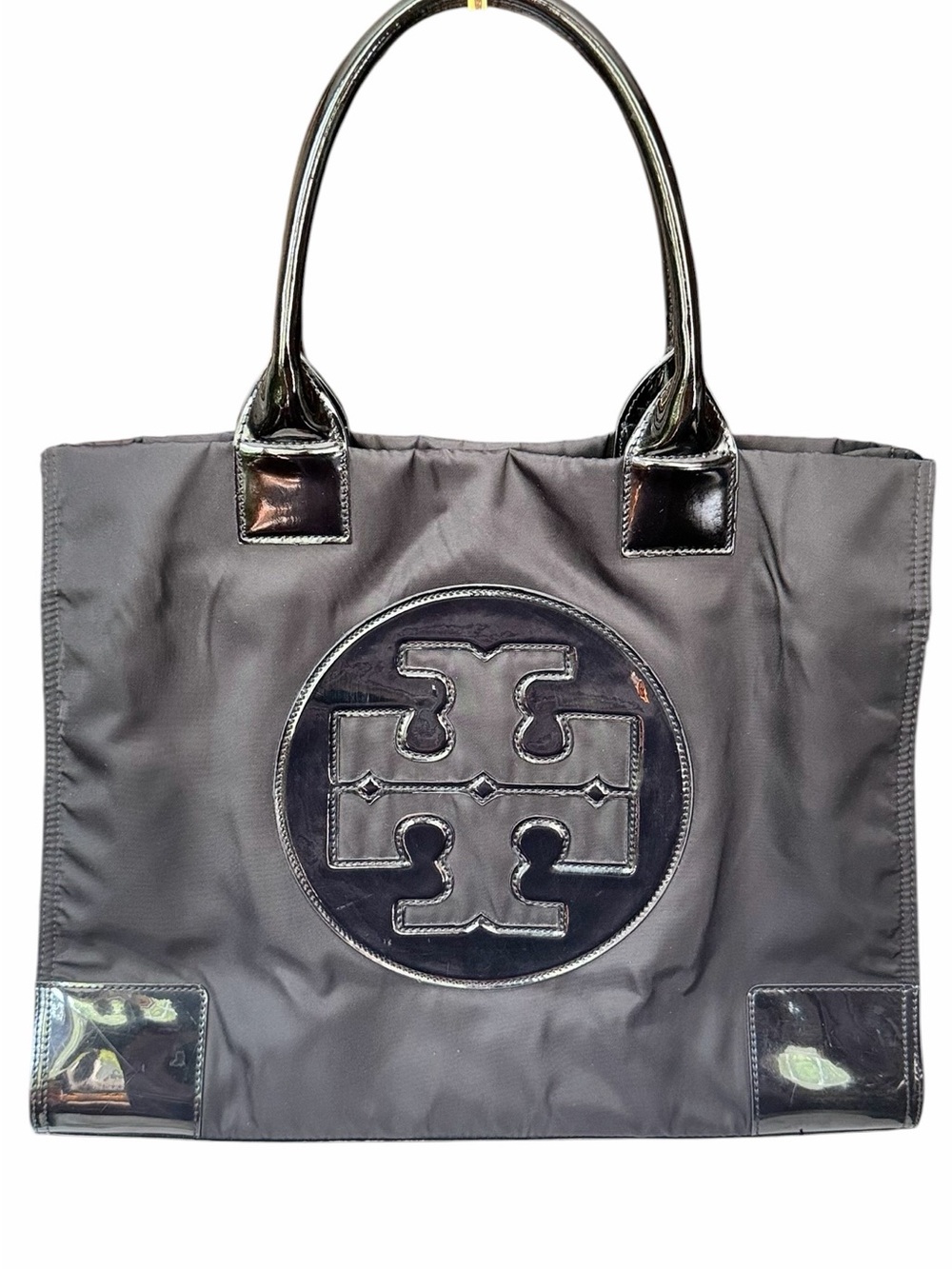 Tory Burch Black Nylon Tote with Patent Trim and Logo